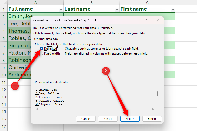 Delimited is selected in the Convert Text To Column Wizard in Excel.