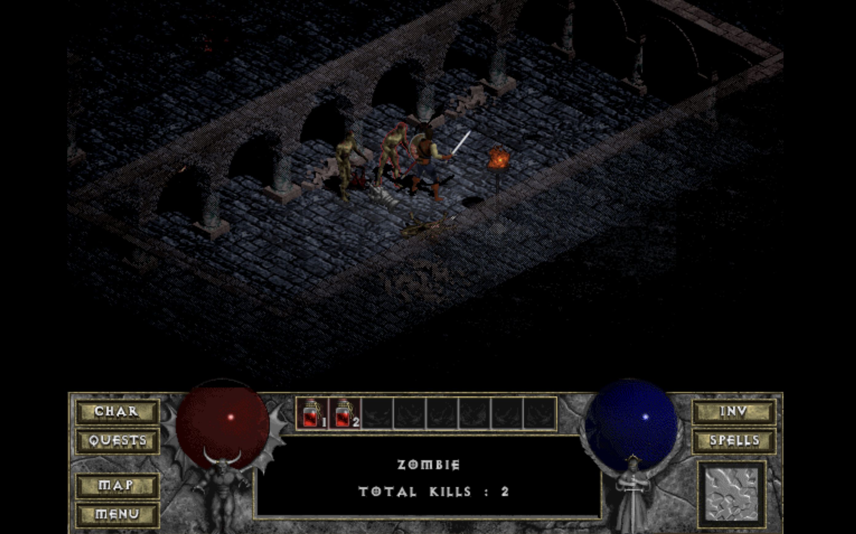 A warrior fighting monsters in the browser port of Diablo.