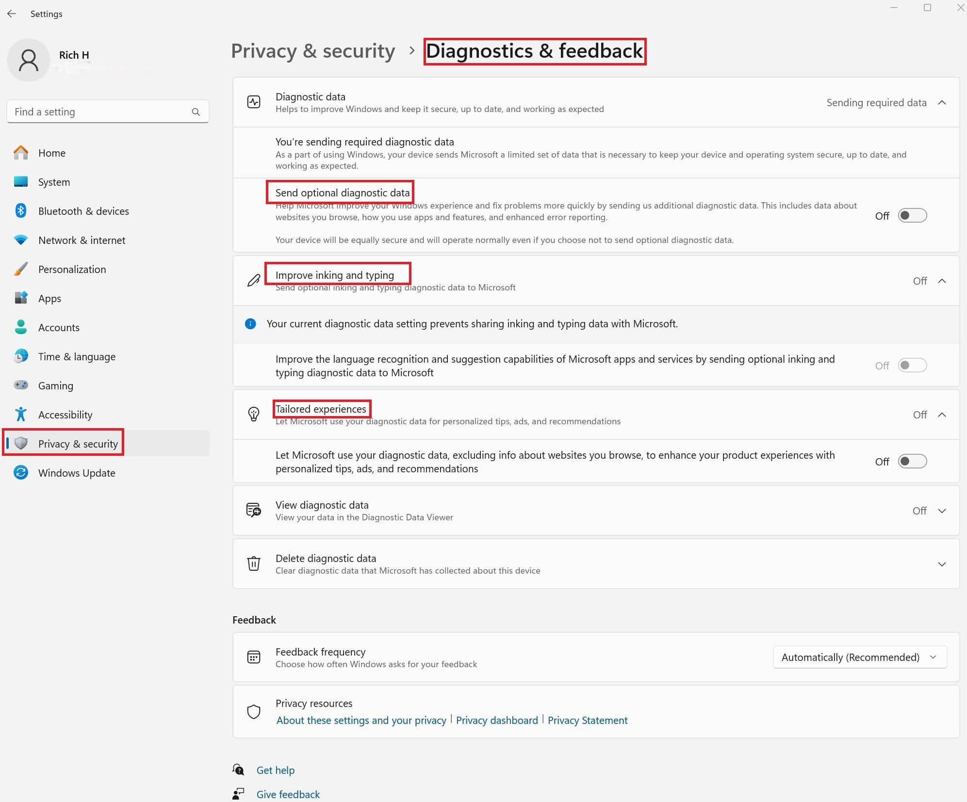 The Diagnostics & feedback section inside Windows 11 settings.