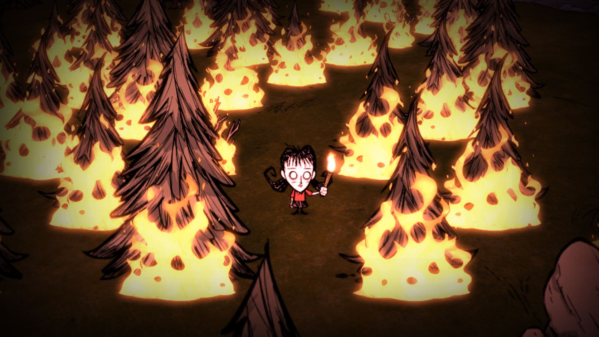 A player standing in a forest englufed in flames in Don't Starve.