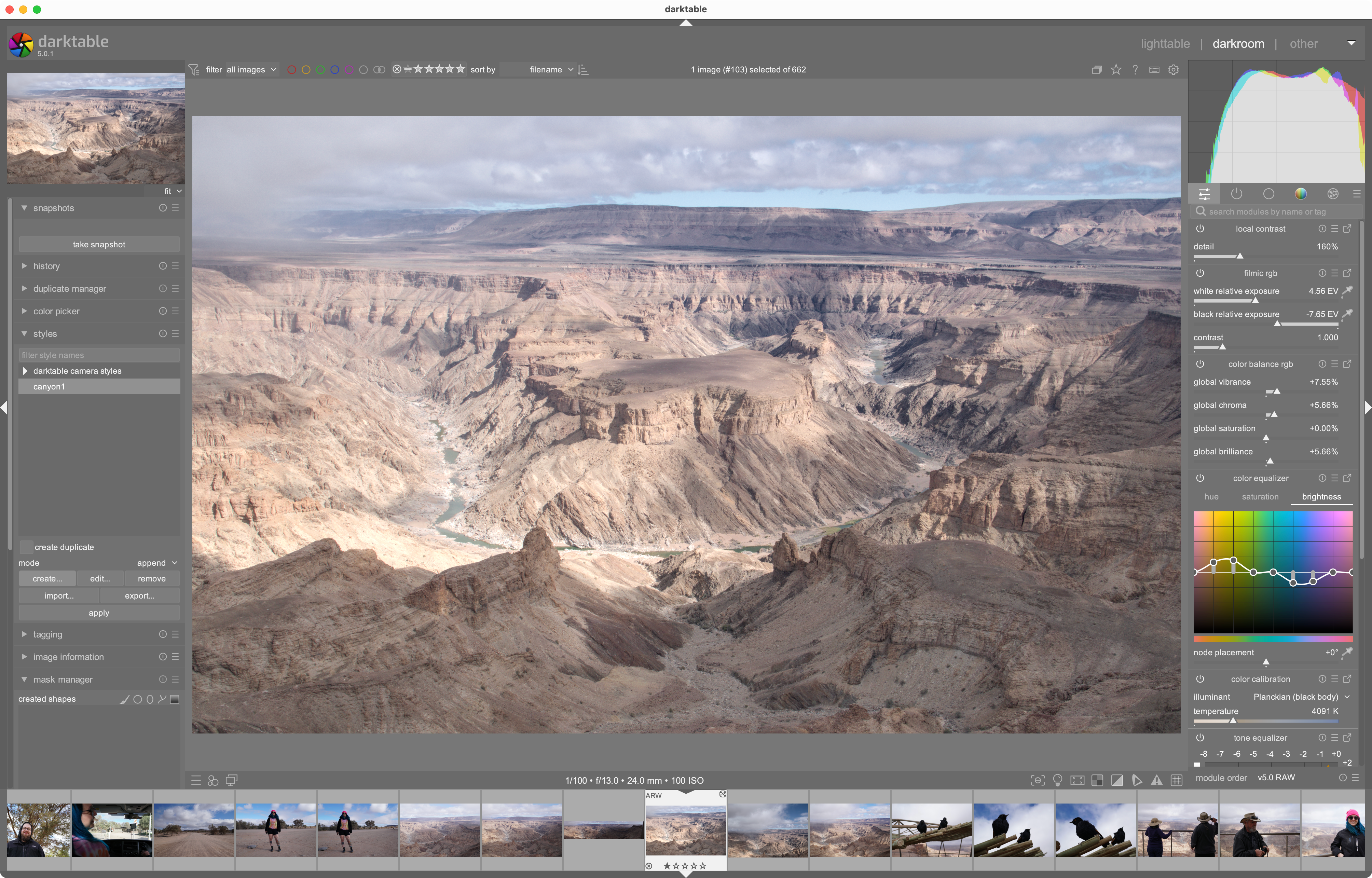 Editing a shot of a canyon in darktable.