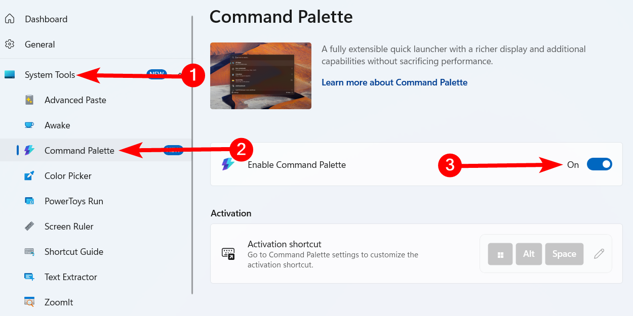 Habilitar la paleta de comando en Windows.