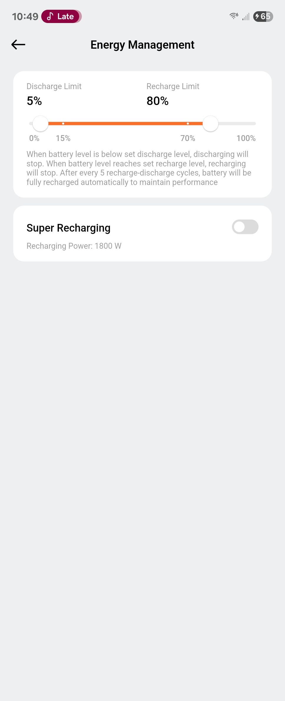 Energy management settings within the DJI Power 2000 Android app.