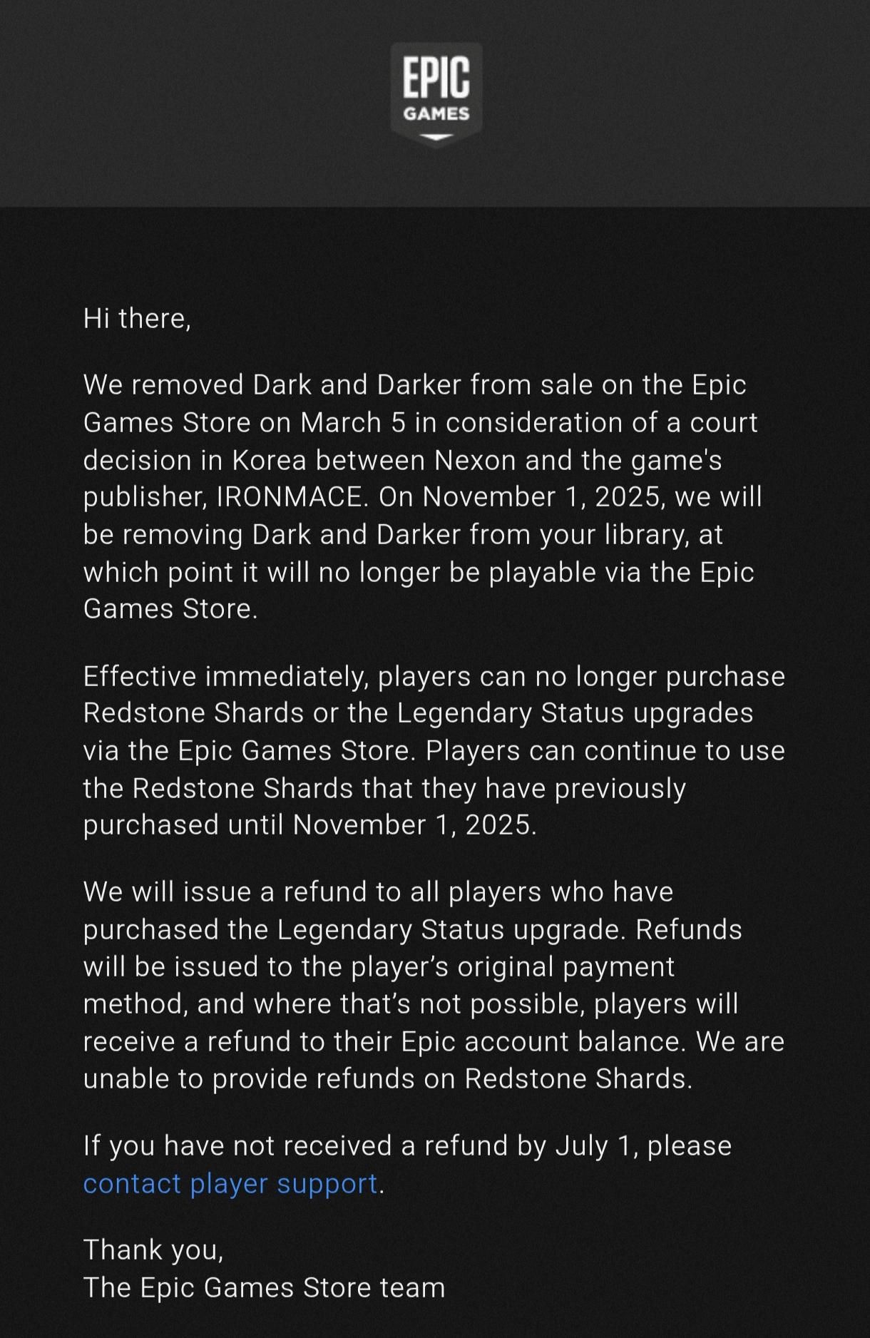 The email from Epic Games sent to owners of Dark and Darker.