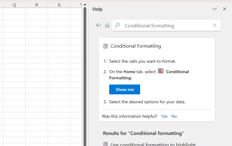 Excel's help component showing advice for the use of conditional formatting.