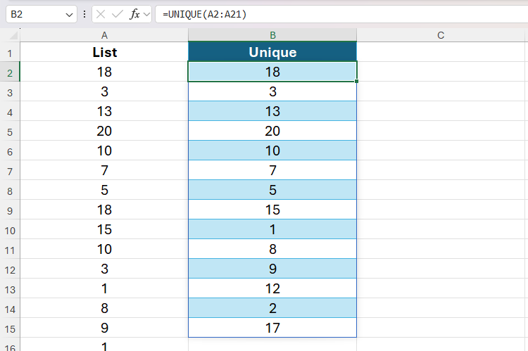 A função única do Excel em ação em um intervalo que foi convertido de uma tabela para um intervalo não formado.