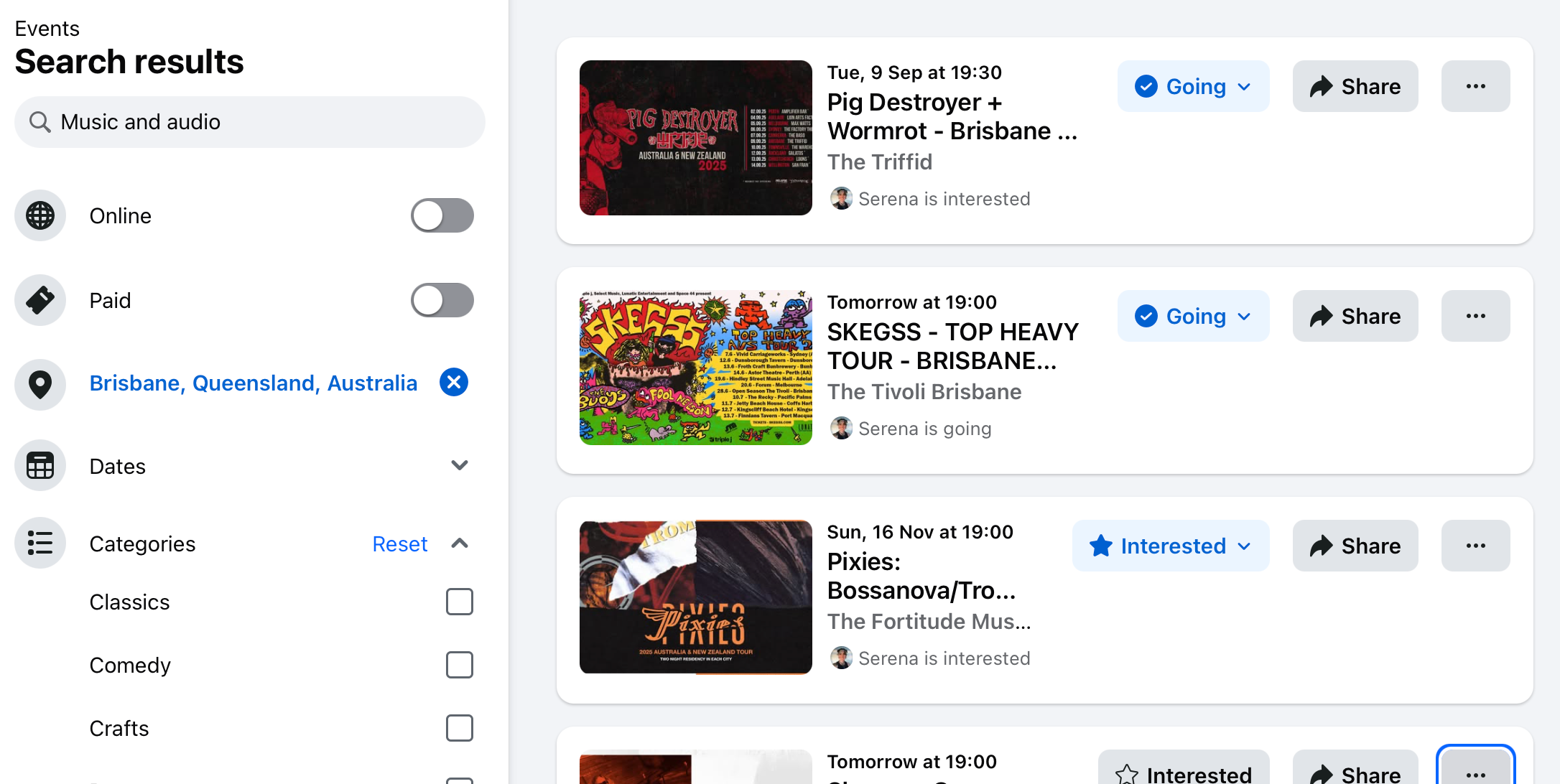 Facebook events for upcoming music.