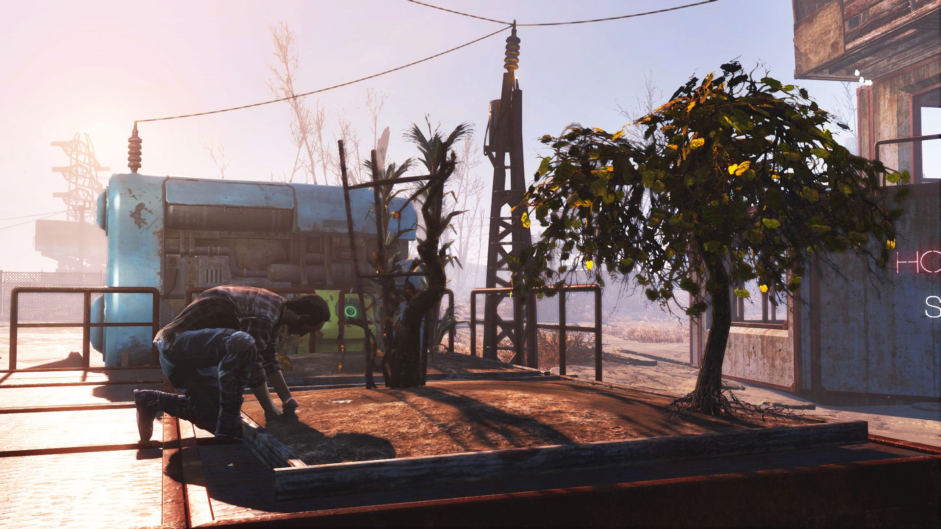 A player tending to crops at a settlement in Fallout 4.