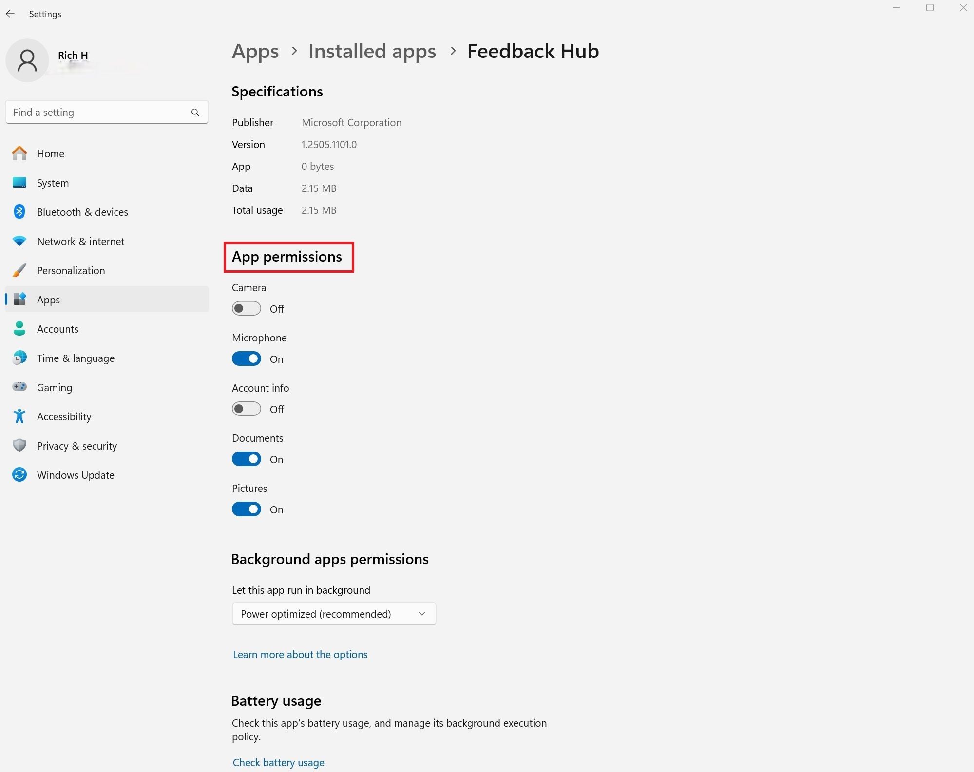 The Feedback Hub settings page inside Windows 11.