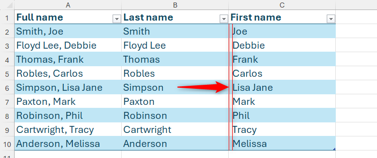 First names in column C in Excel are preceded by a space in each cell.