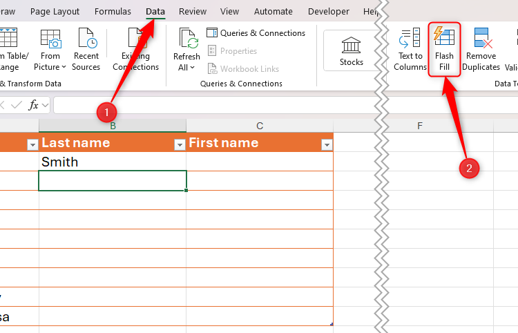 Flash Fill in the Data tab on Excel's ribbon is selected.