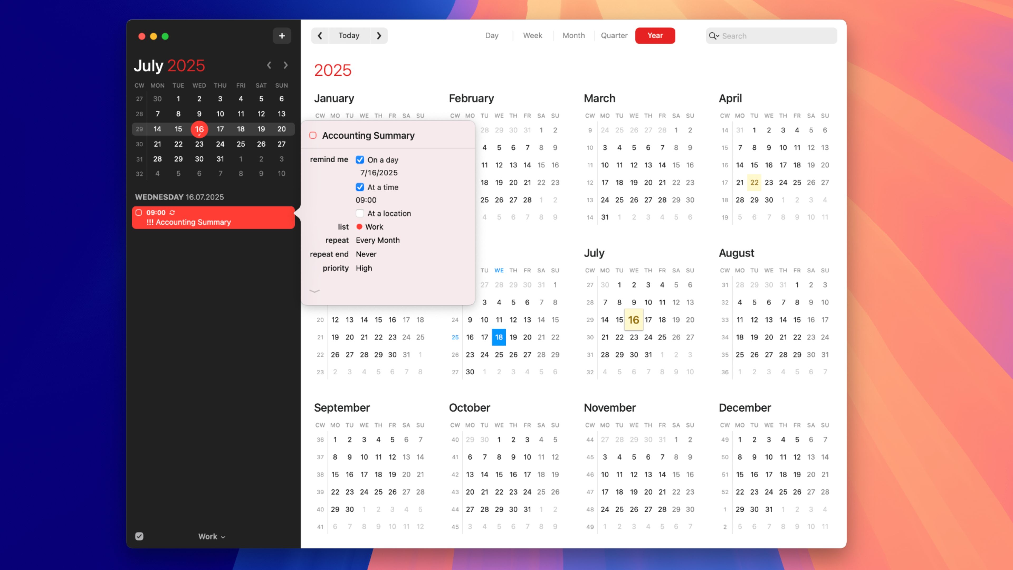 The fantastic Mac application displaying a calendar in the year.