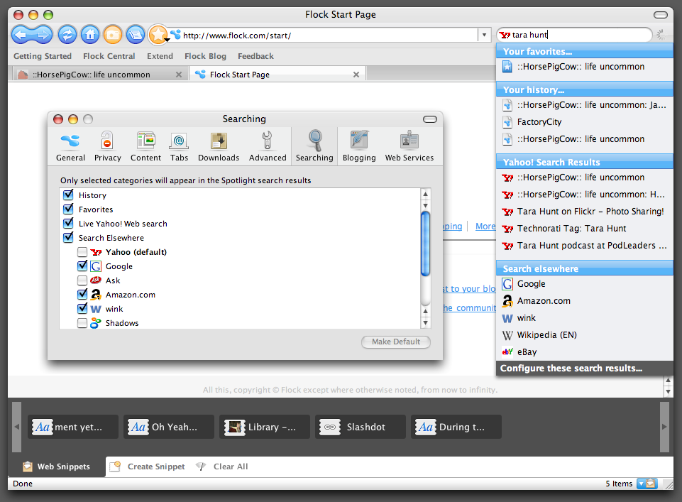 A screenshot showing the Flock web browser's search configuration.