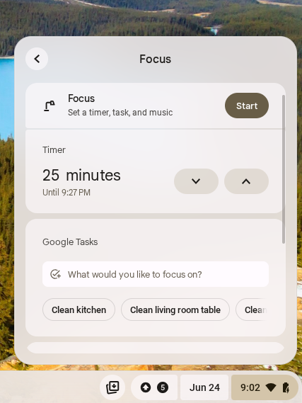 Focus mode options on Chrome OS.