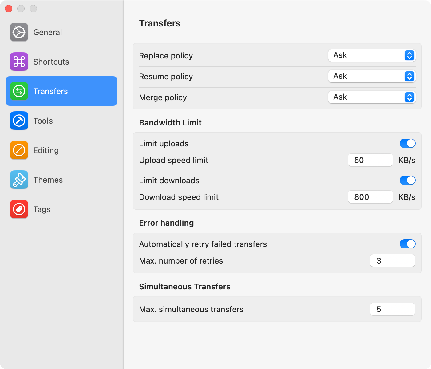 Forklift's transfers preferences.