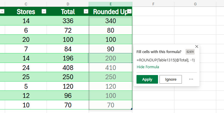 Formula By Example in Excel for the Web being used to round up values to the next ten.