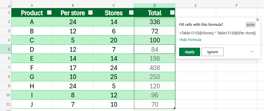 Formula By Example in Excel for the Web suggesting a formula that multiplies values from two columns in each corresponding row.