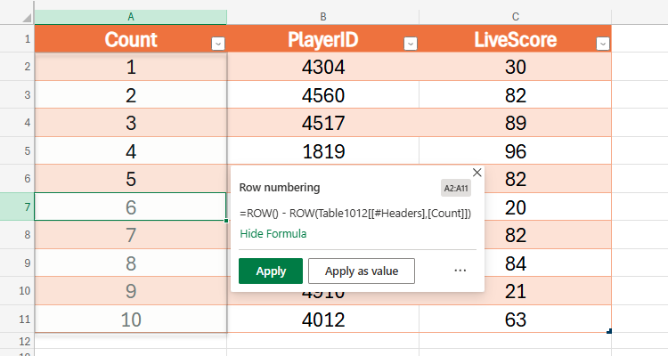 Formula By Example in Excel for the Web suggesting a formula that produces a numbered list.