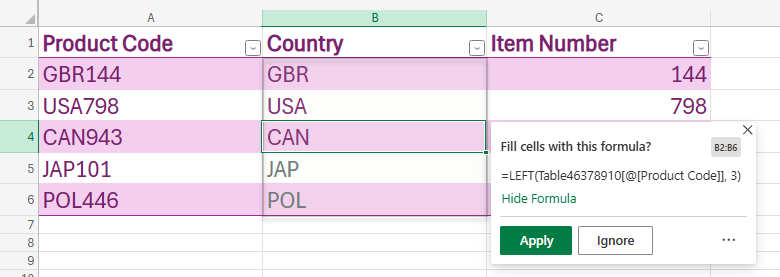 Formula By Example in Excel for the Web suggesting a formula that takes the first three letters in a value.