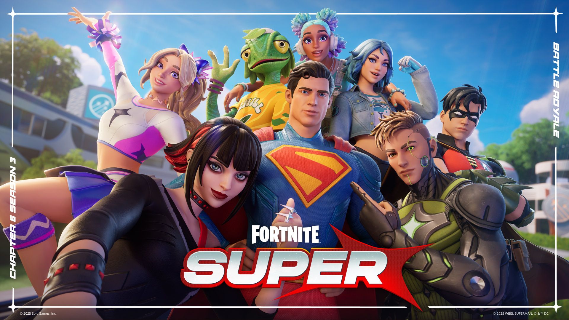 A promo image for Fortnite BR Chapter 6 Season 3: Super featuring Superman and other original characters.