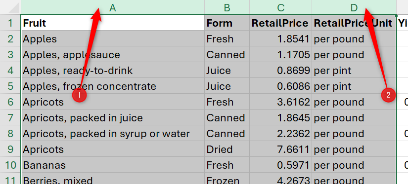 Four adjacent columns are selected in Excel by clicking on a column header, pressing Shift and clicking on another column header.