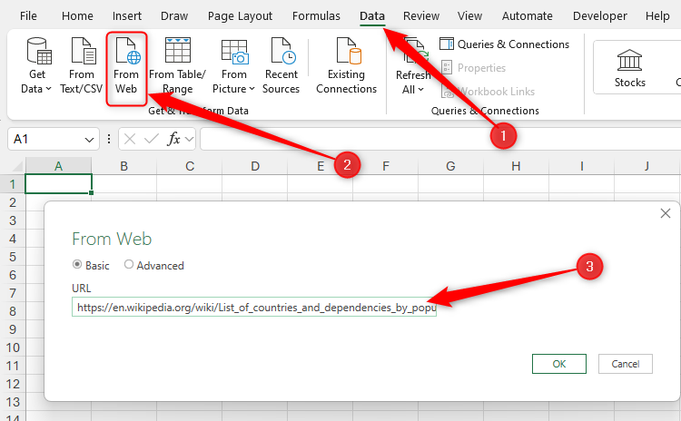 From Web is selected in Excel's Data tab, and a URL is pasted into the text field of the window that appears.