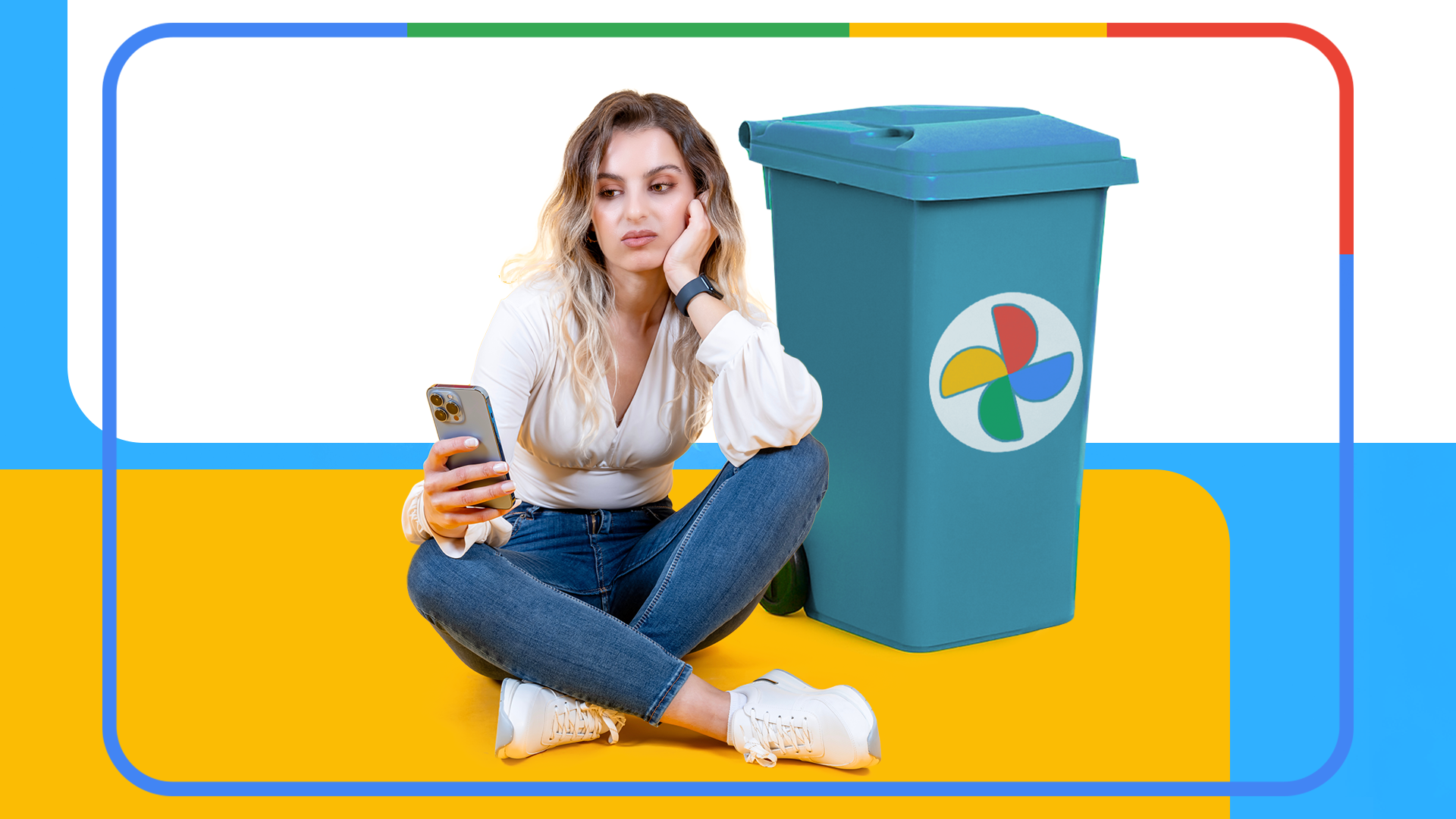 Frustrated woman sitting on the floor looking at her phone, next to a blue trash bin with the Google Photos logo, against a colorful background inspired by Google's colors.