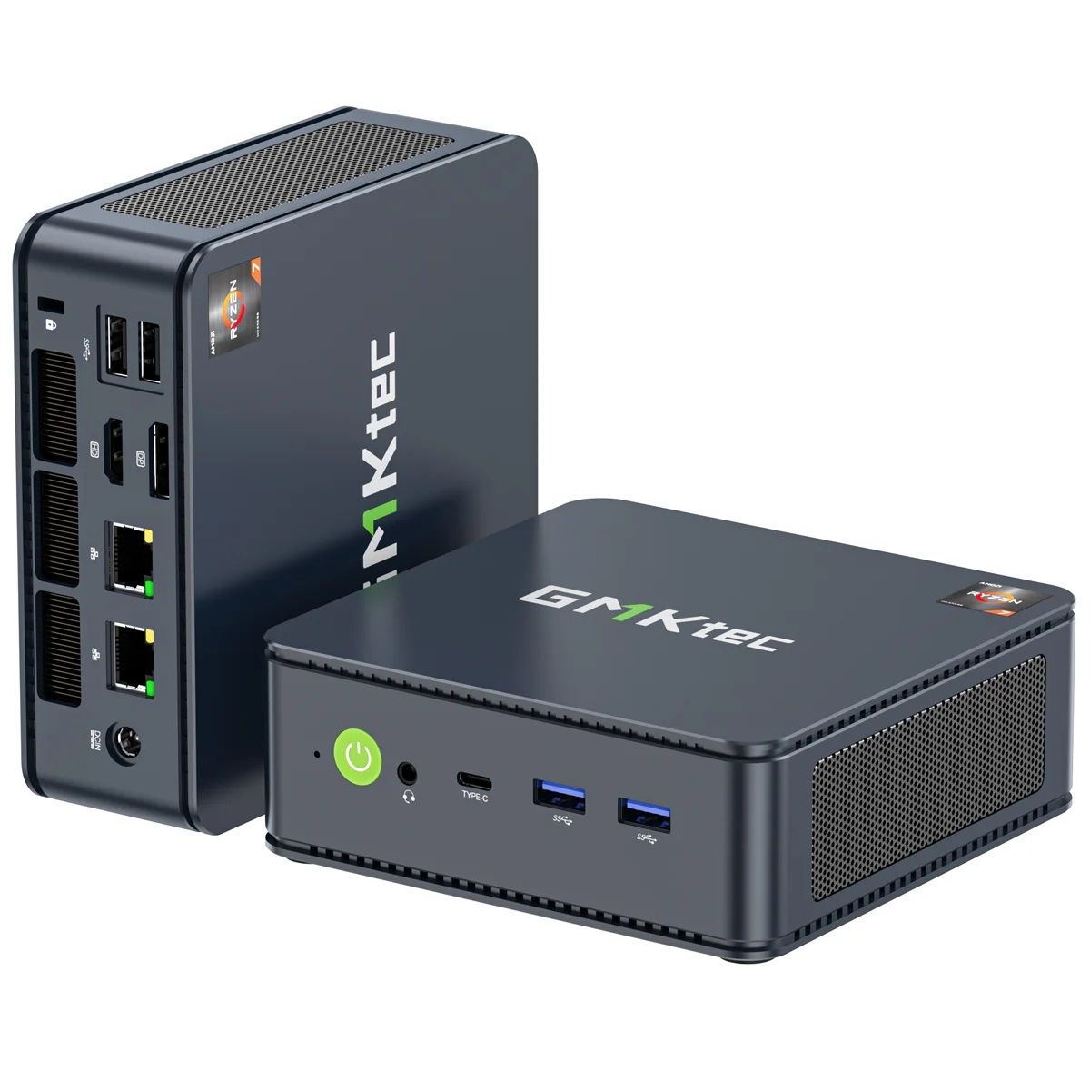 2 GMKtec M5 Plus Mini Gaming PCs in a white background