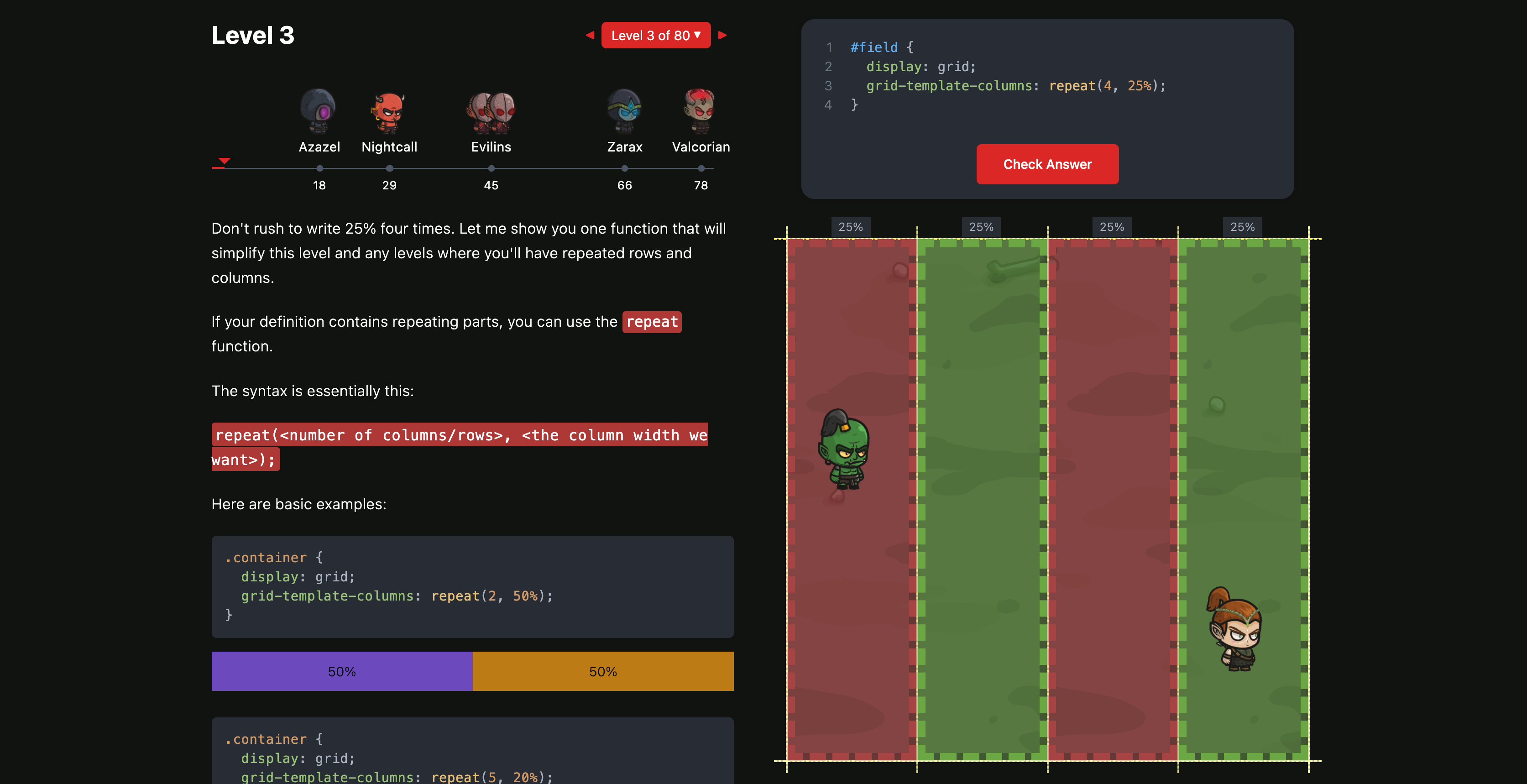 A screenshot of the gameplay of Grid Attack. The left side of the screen is explaining the exercise for players on how to move their characters across a grid, while on the right is visuals of their hero, the elf with tied back brunette hair, across the board from a gremlin.