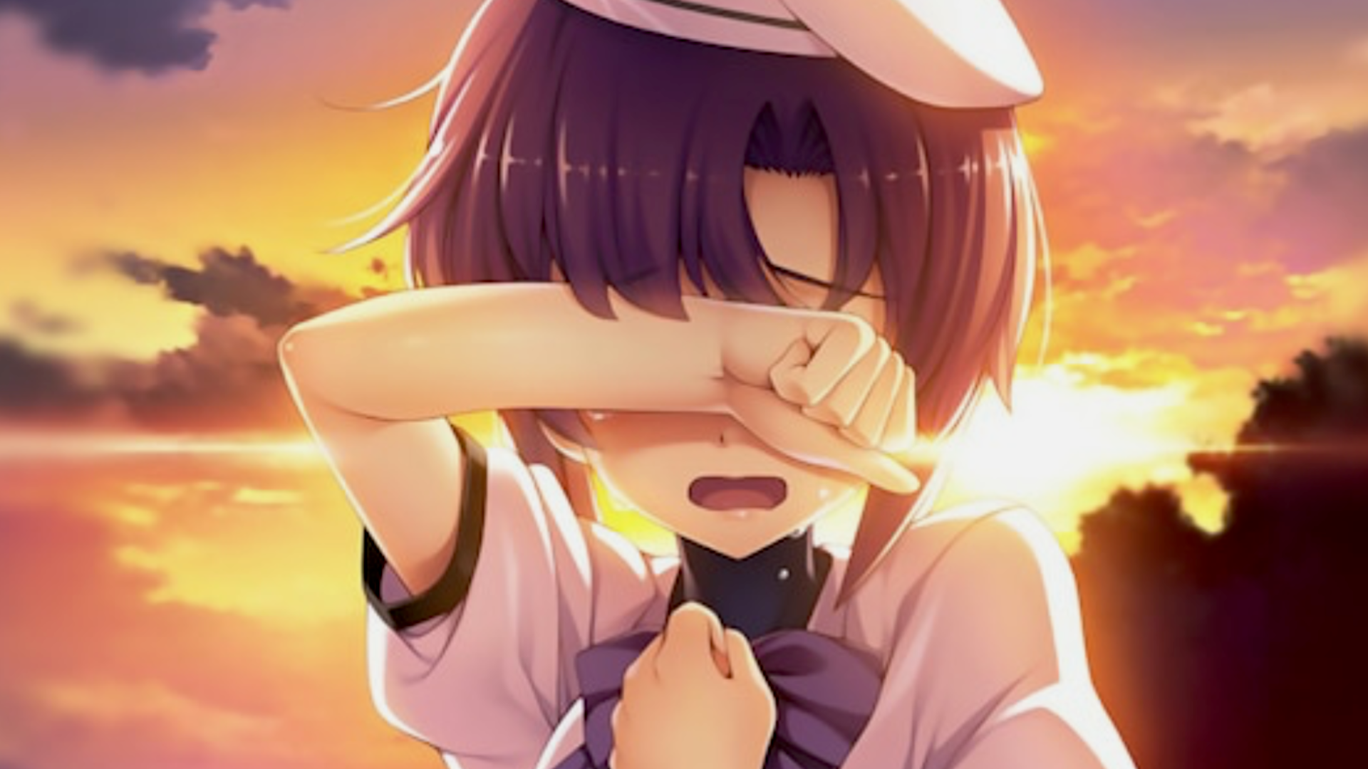 Captura de tela de Rena chorando no pano de fundo de um pôr do sol do Higurashi quando eles choram.