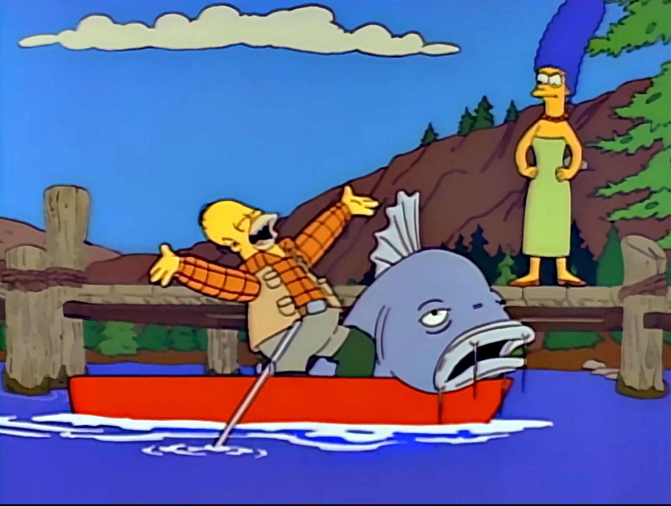 Homer brings home a giant catgish as Marge looks on in disapproval.