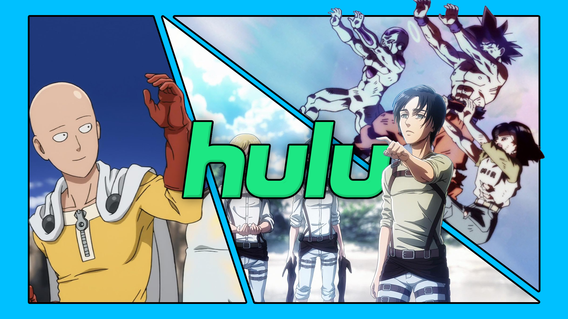 Hulu logo surrounded by characters from popular anime series like One Punch Man, Attack on Titan, and Dragon Ball Super.