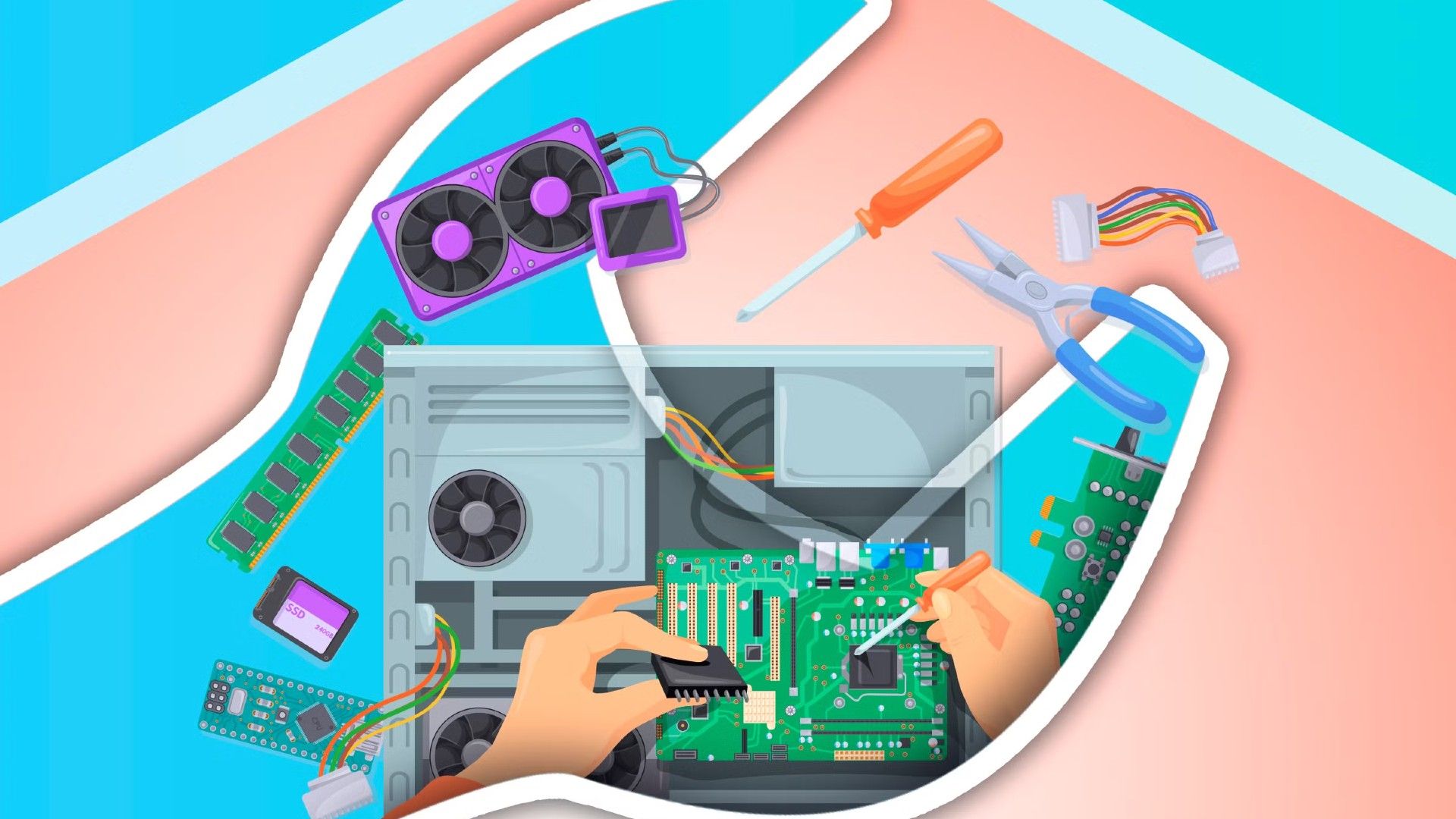 Illustration d'un PC démonté et de deux mains l'assemblant, avec certaines pièces et outils autour.
