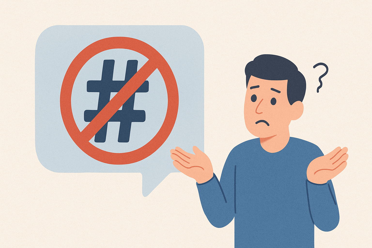 Illustration of a man looking at a sign with a crossed out hashtag.