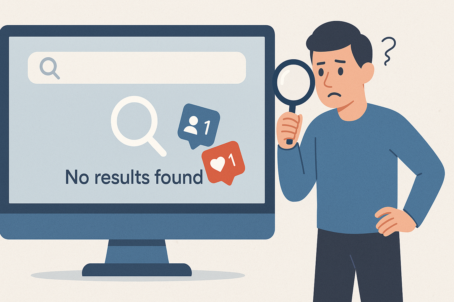 Illustration of a man looking in confusion at a social media screen.