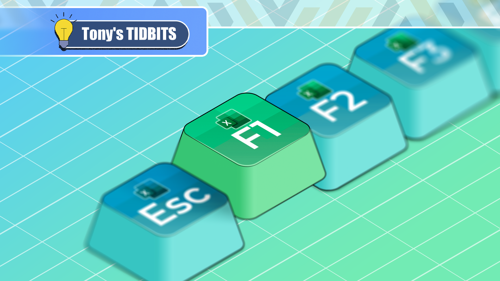 Illustration of Excel-themed function keys with the F1 key prominently raised at the center.