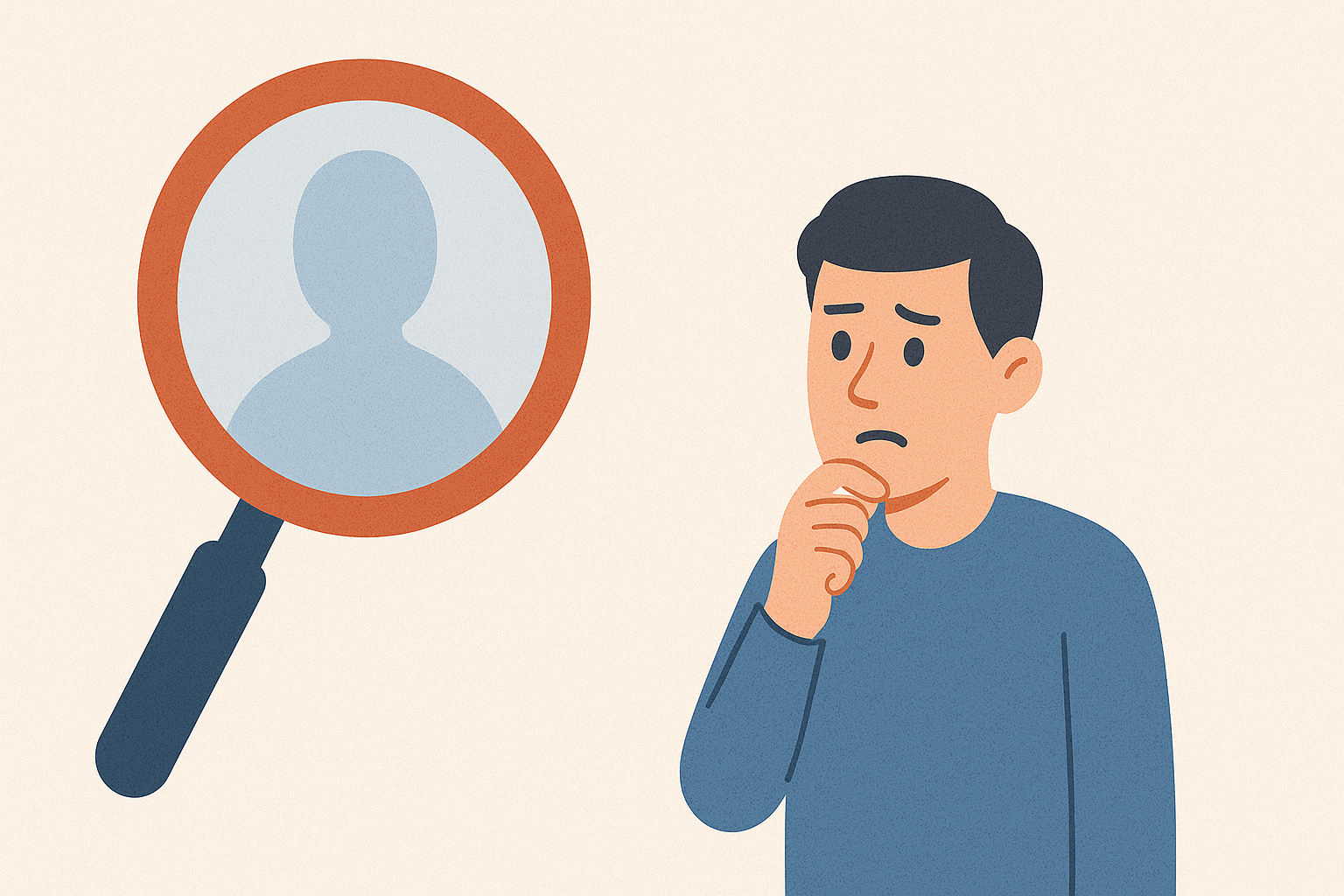 Illustration of man looking at magnifying glass with anonymous silhouette.