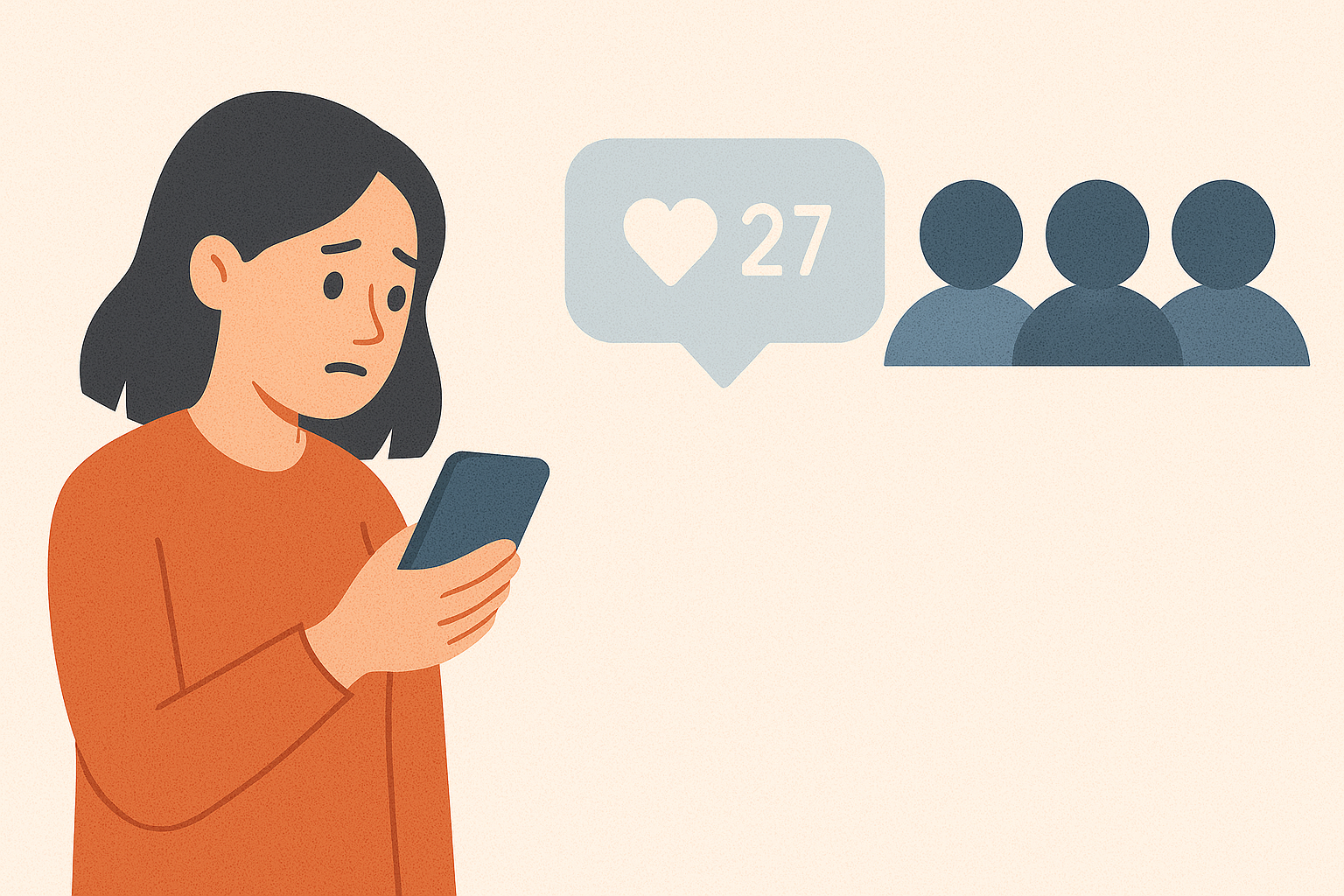 Illustration of woman looking at limited interaction on social media.
