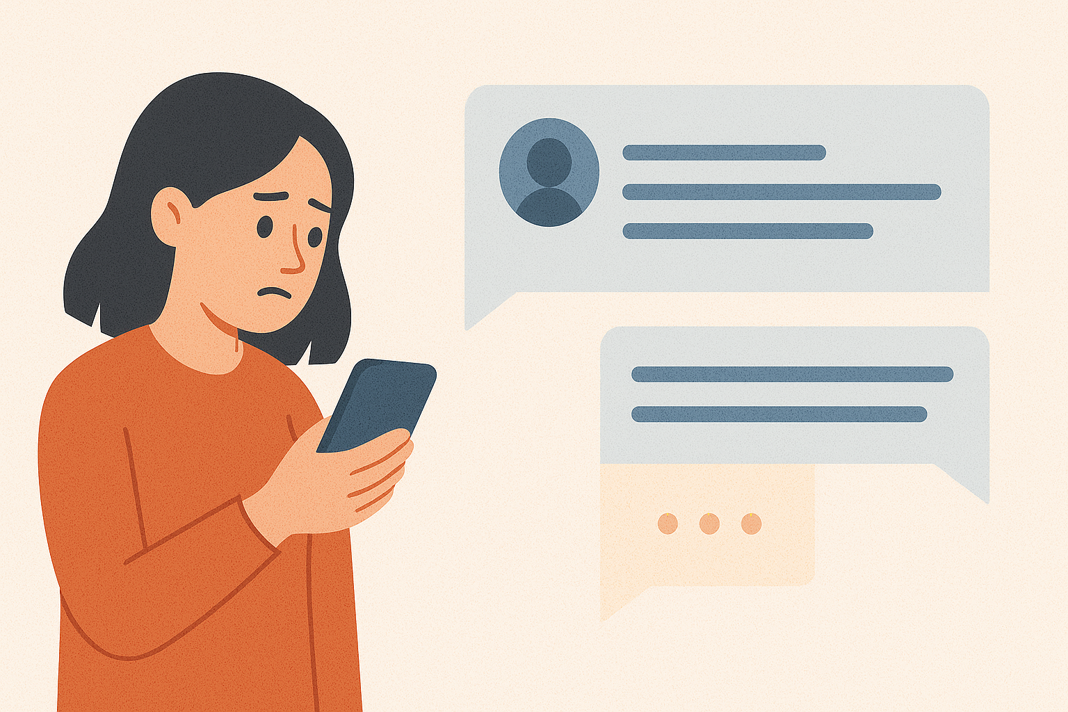 Ilustration of woman looking at hidden social media replies.
