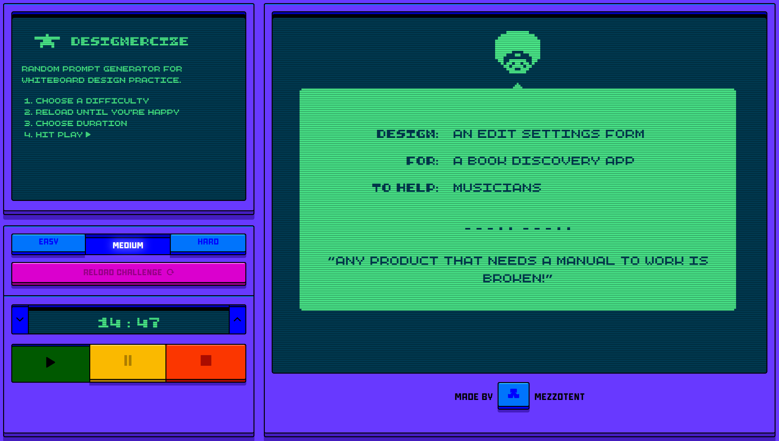 Screenshot of a prompt from the webpage design generator, Designercize. Under the setting of 