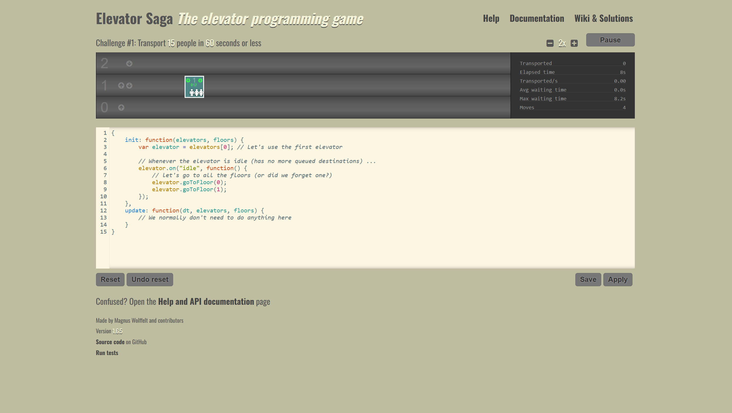 Screenshot of the game, Elevator Saga. On the screen, it shows an elevator simulation running the output of the base code of the game's first level. The prompt is: 