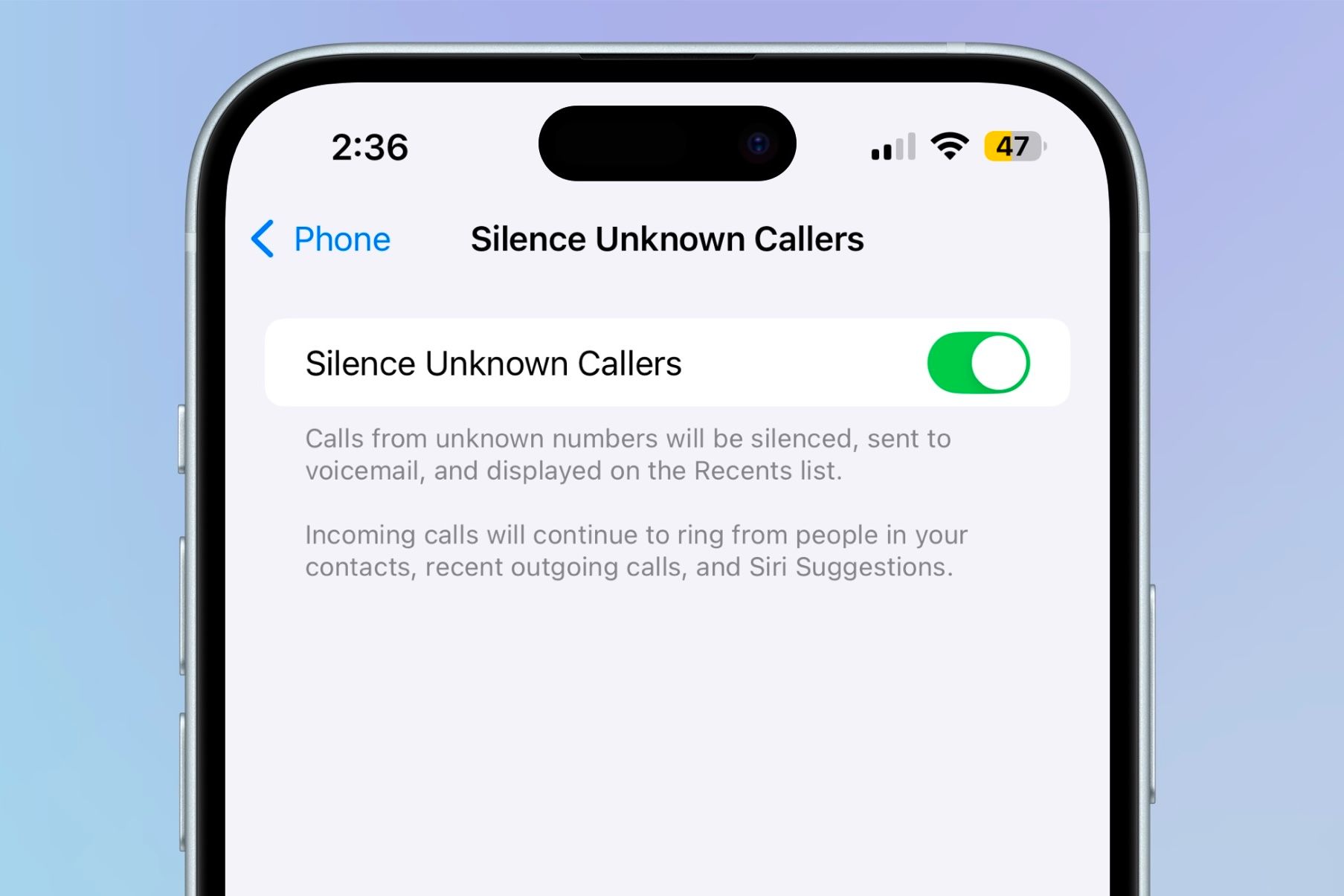 Toggle on silent unknown collar in the phone section of settings on an iPhone.