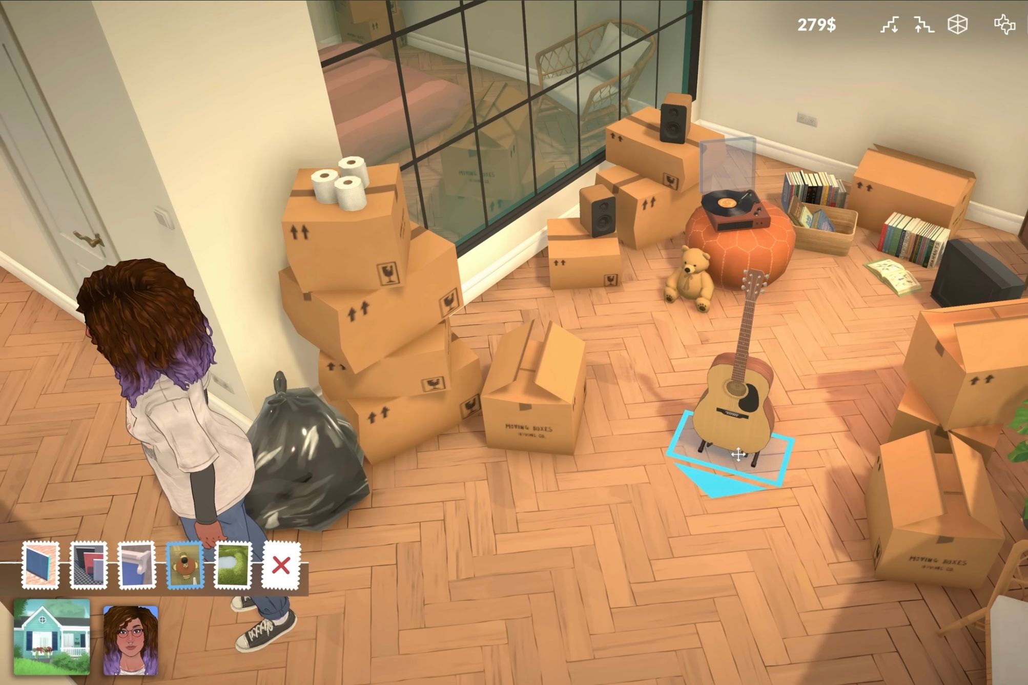 Boxes and a guitar in the beginning of playing Paralives.