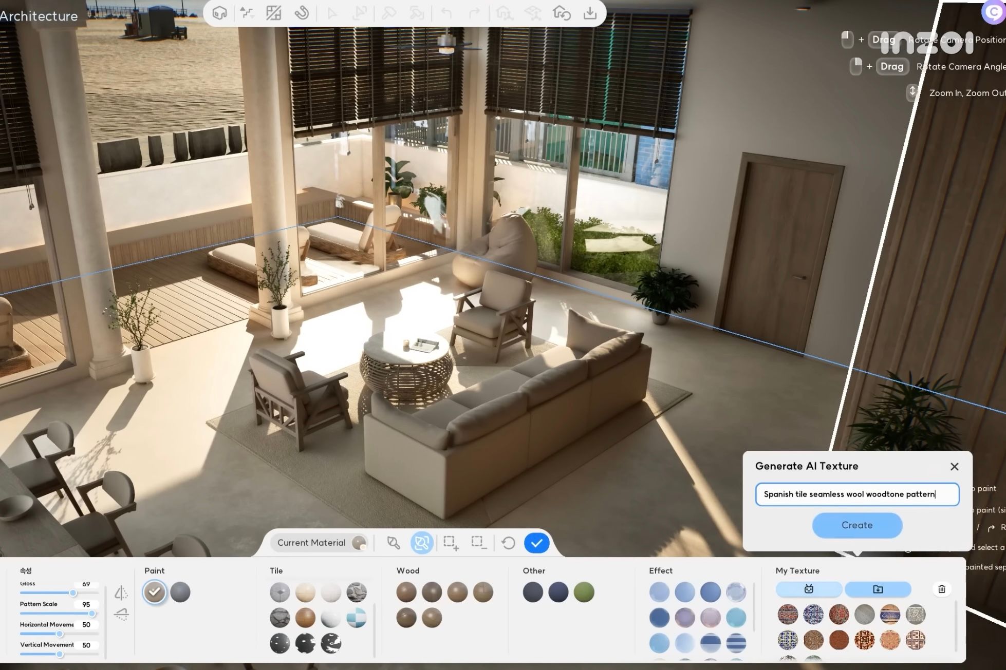 Creating a custom texture and style with AI feature and describing it in the text field in inZOI.