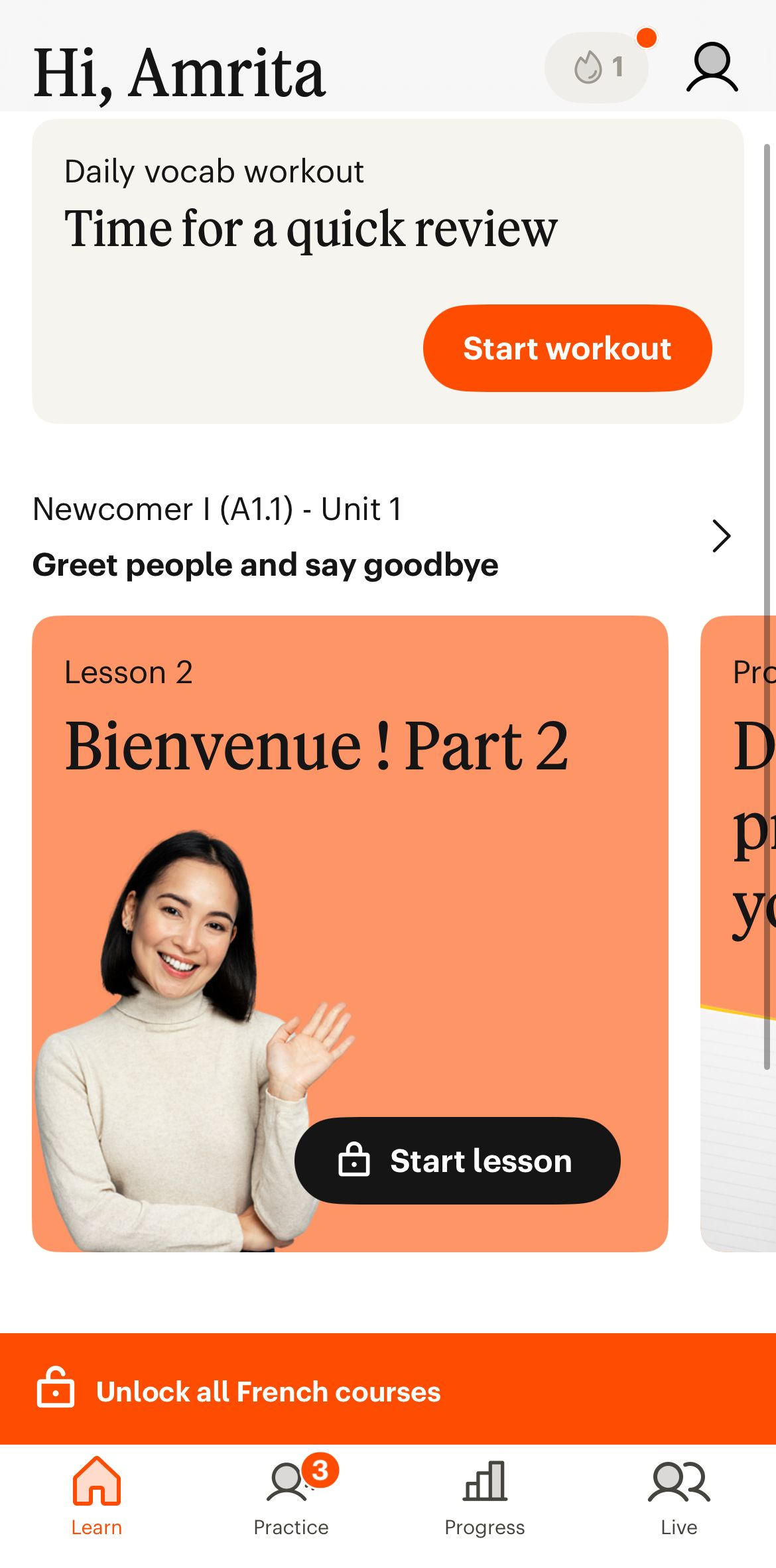 A look at Babbel's home tab.