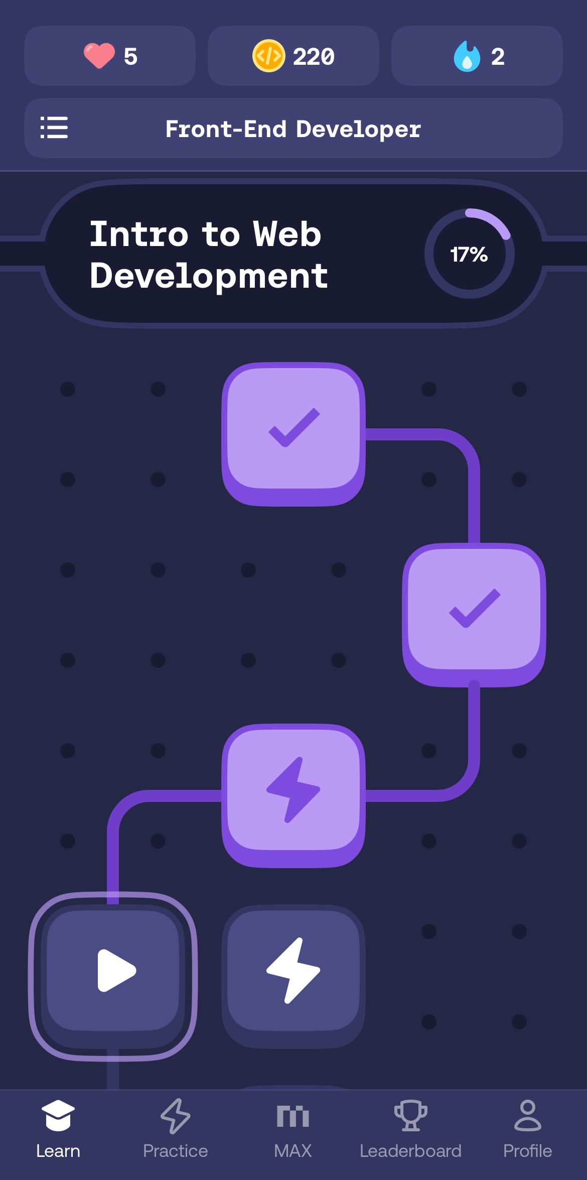 The interface for a learning path on Mimo.