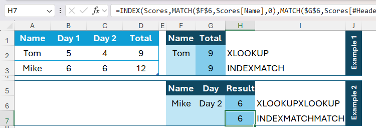 INDEX and MATCH being used in Excel to return a score of 6.
