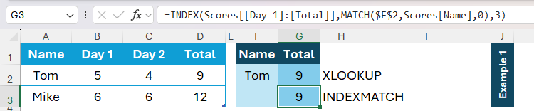 INDEX and MATCH being used in Excel to return a score of 9.