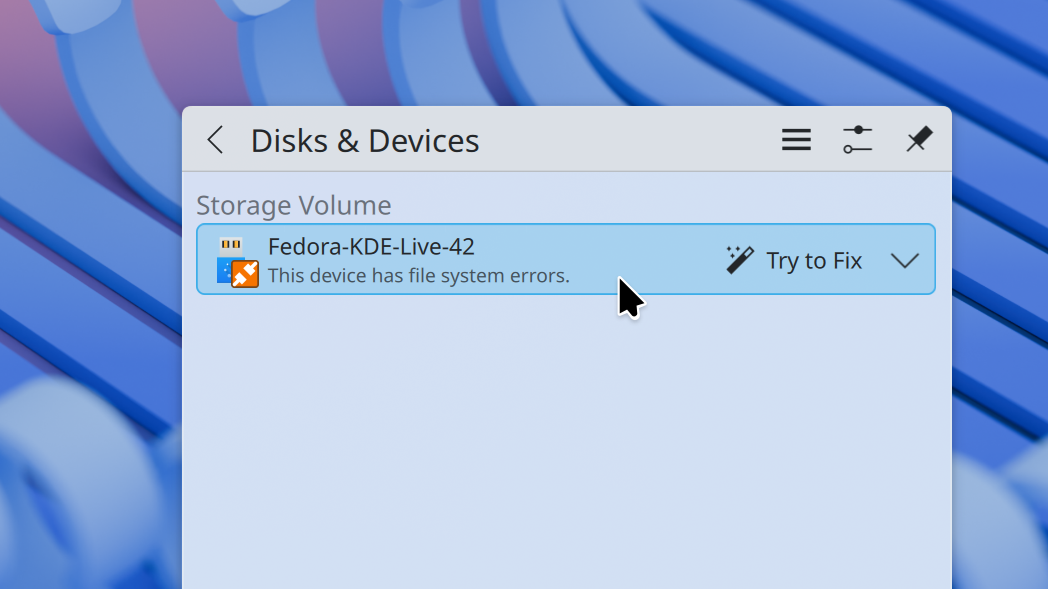 KDE Plasma Disks and Devices widget showing file system errors and an option to attempt repairs.-1