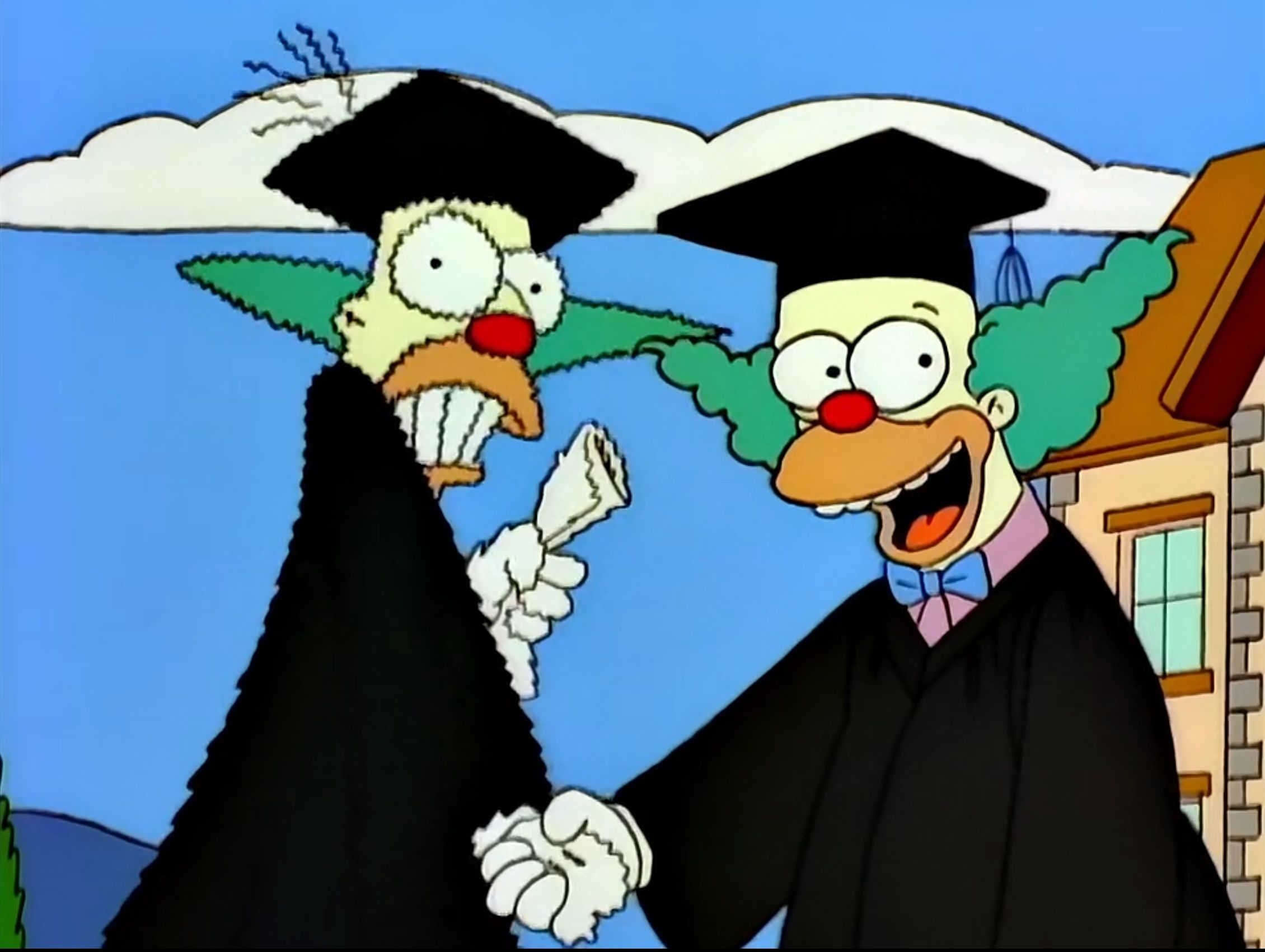 Krusty shocks Homer as he graduates from Clown College.